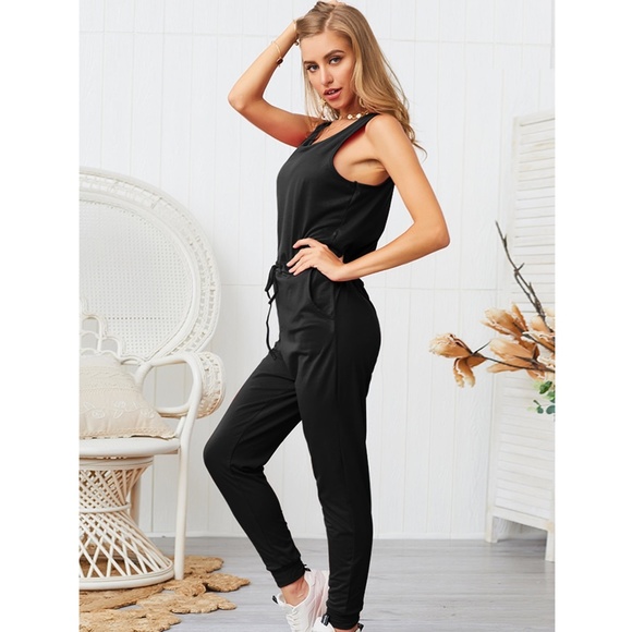 Black Casual Jumpsuit Drawstring Waist - Picture 2 of 10